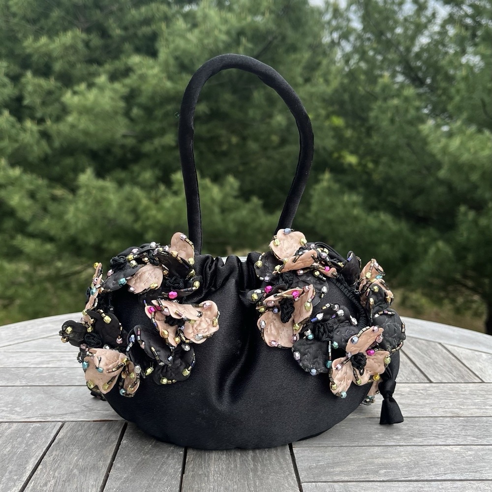 Black Satin Evening Handbag Pink & Black 3D Flowers w/Beads Drawstring‎ Purse